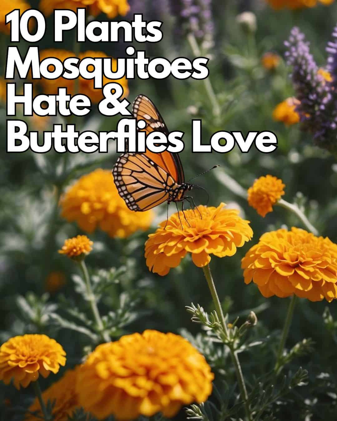 Lush garden with blooming marigolds, lavender, and citronella. Butterflies flutter around, while mosquitoes avoid the plants