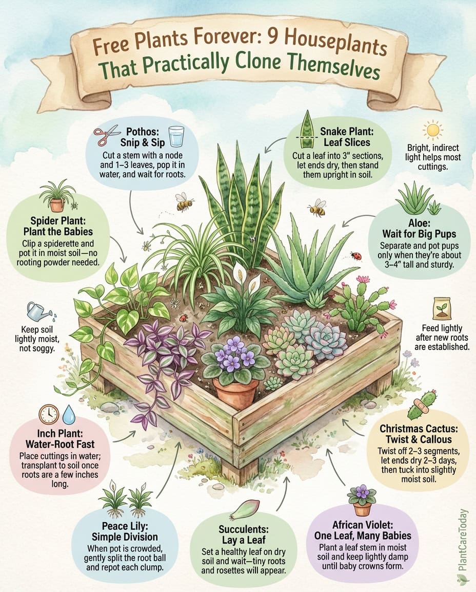Infographic showing nine easy-to-propagate houseplants with step-by-step multiplication methods