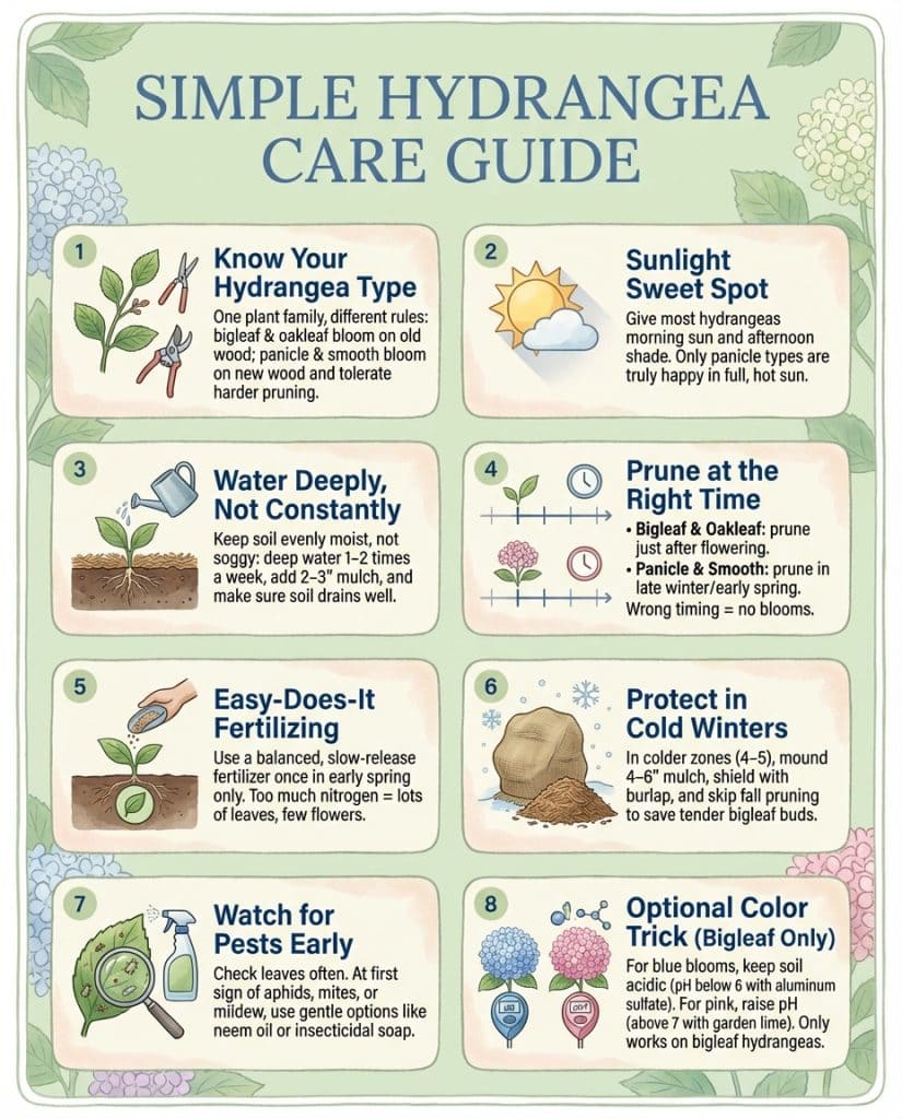 Infographic displaying common hydrangea problems with visual symptoms and correction methods for each issue