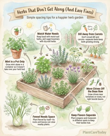 Herb companion planting infographic showing compatible and incompatible herb pairings with spacing tips
