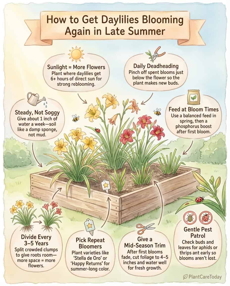 Daylily care infographic showing deadheading techniques and bloom extension methods with plant diagrams