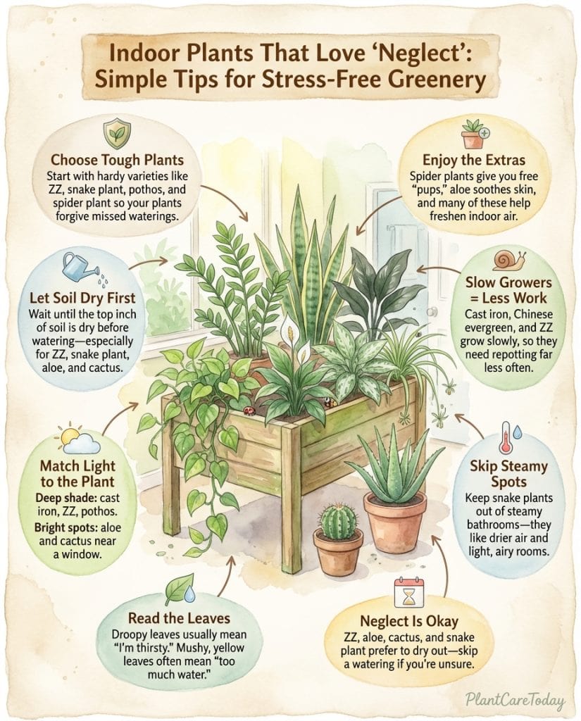 Infographic displaying 14 low-maintenance houseplants with care difficulty ratings and photos