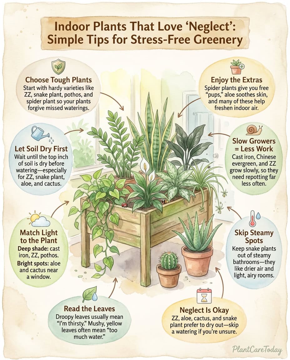 Infographic displaying 14 low-maintenance houseplants with care difficulty ratings and photos
