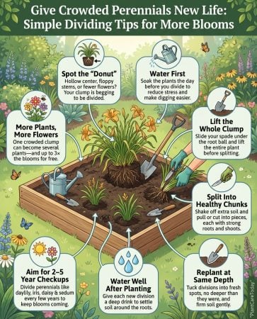 Perennial division infographic showing step-by-step August splitting process with root system diagrams