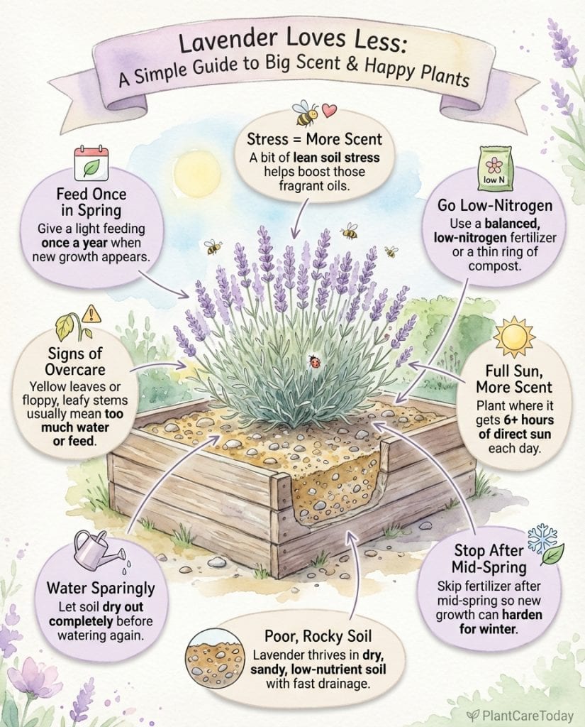 Lavender care infographic showing fertilizing mistakes and proper watering techniques with plant diagrams