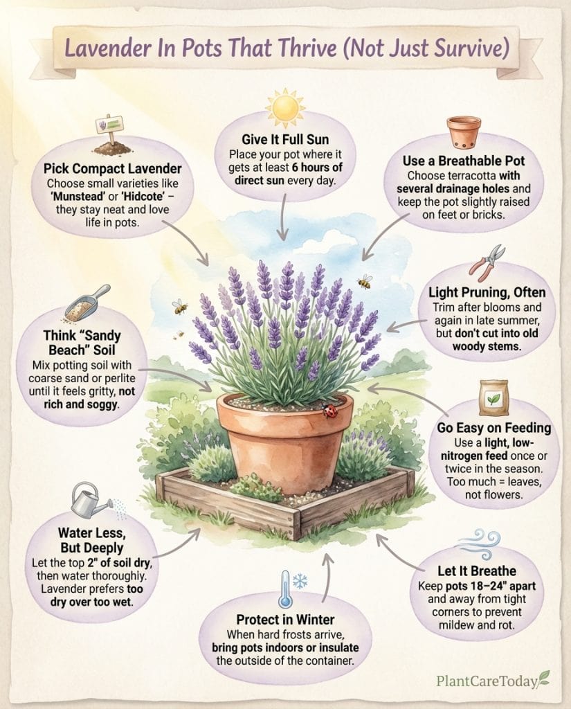 Potted lavender care infographic showing three common mistakes and container growing methods