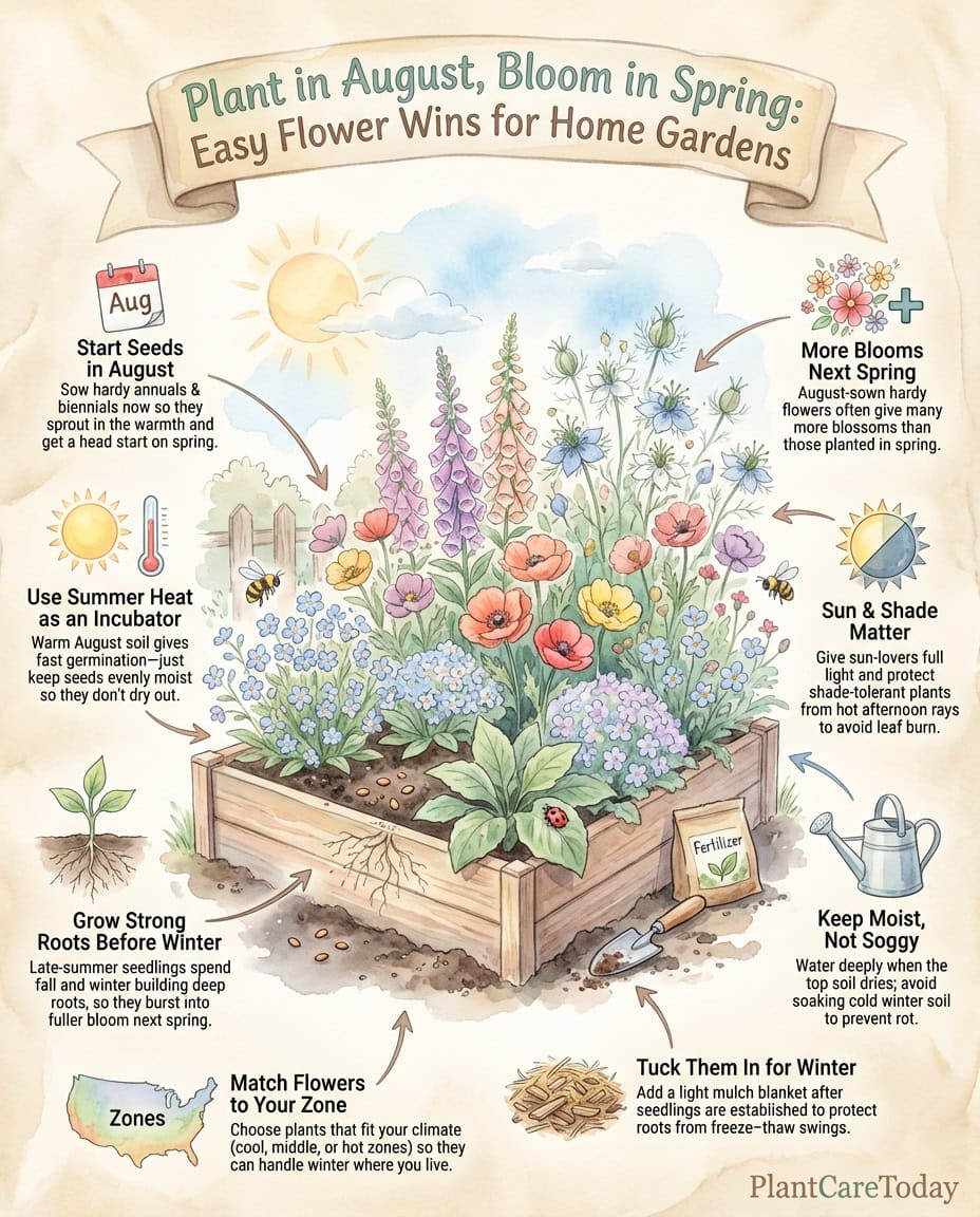 "Infographic showing August flower planting strategy with heat zone guide and recommended varieties Note: The input provided appears to be a longer-form caption (3+ sentences) rather than the short-form 1-3 sentence format specified, but I've created ALT text following the established parameters."