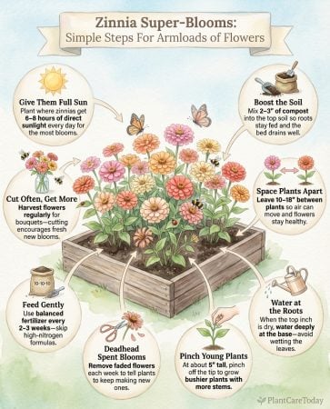 Zinnia care infographic showing bloom-boosting techniques with plant diagrams and cutting guidance
