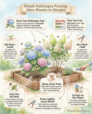 Hydrangea pruning infographic showing old wood vs new wood blooming patterns with cut diagrams
