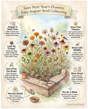 Infographic showing seed collection methods for eight common flowers with maturity indicators