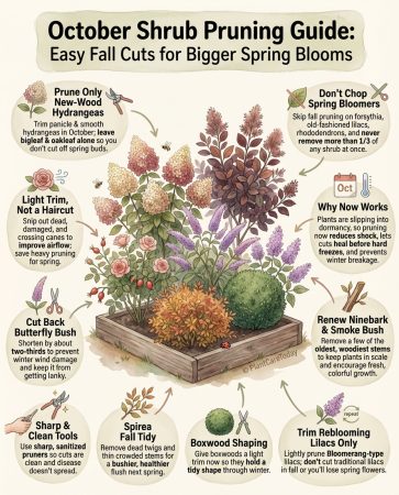 Infographic displaying nine shrubs requiring October pruning with identification photos and timing chart