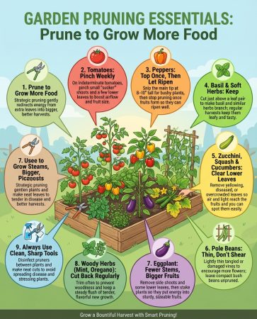 Infographic displaying nine vegetable crops requiring pruning with cutting locations and timing charts