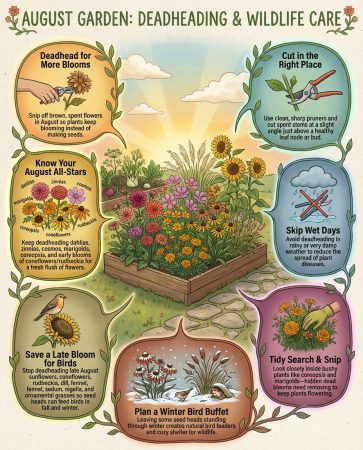 Infographic showing August deadheading guide for perennials with plant identification and timing chart