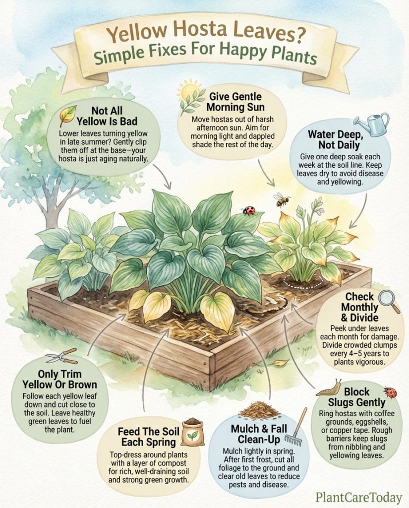 Hosta leaf care infographic showing normal yellowing versus problem signs with trimming guidelines