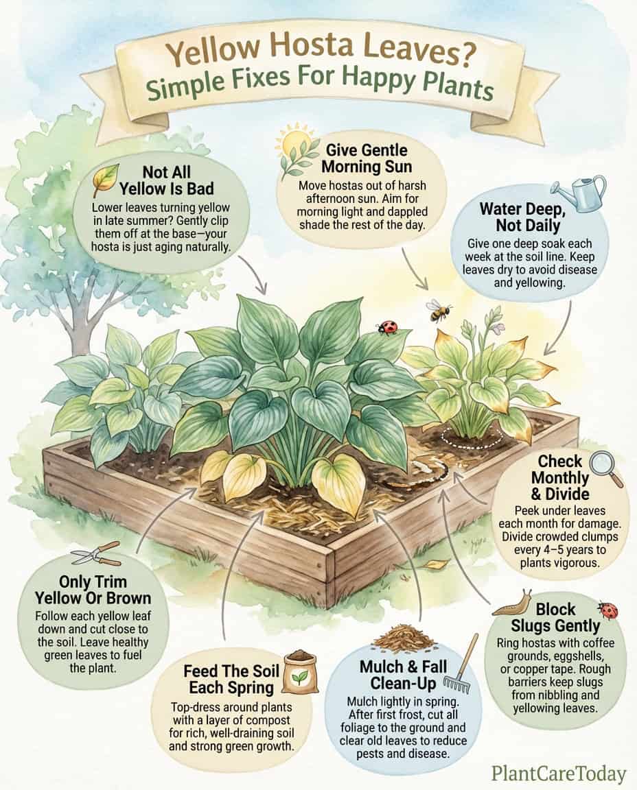 Hosta leaf care infographic showing normal yellowing versus problem signs with trimming guidelines