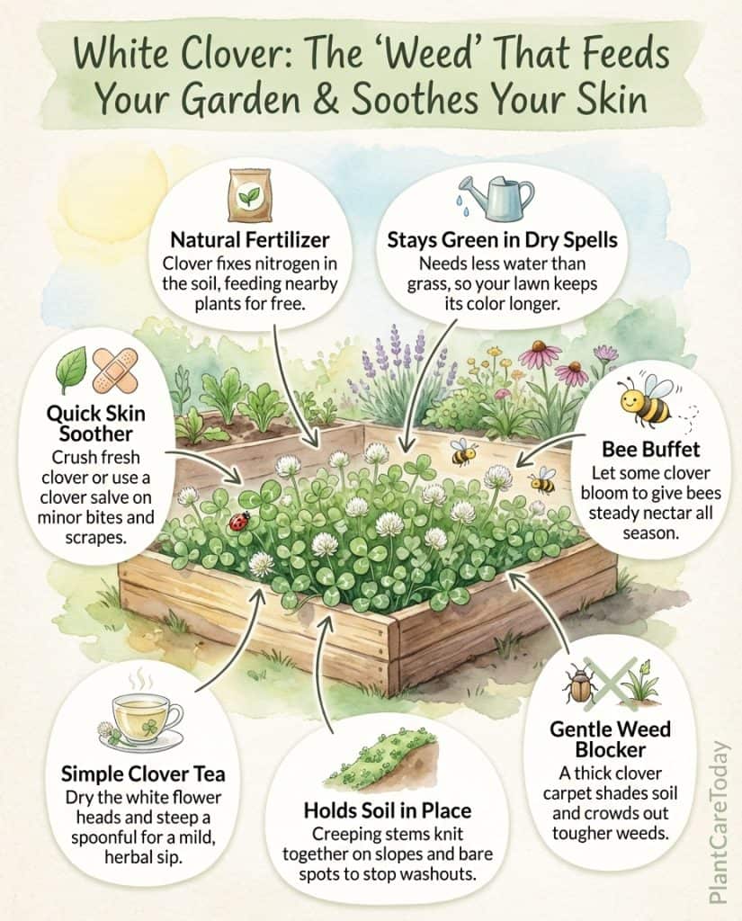 Infographic showing white clover benefits for lawns with nitrogen fixing and drought resistance facts