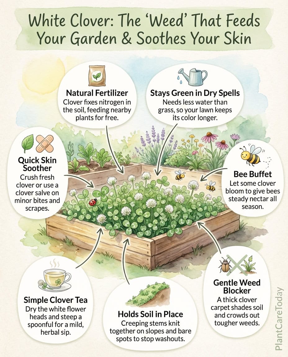 Infographic showing white clover benefits for lawns with nitrogen fixing and drought resistance facts