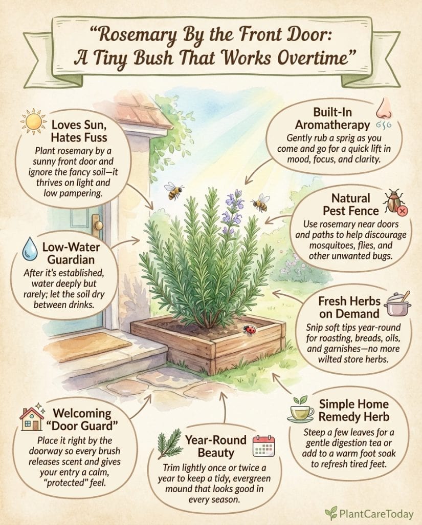 Infographic showing rosemary plant benefits and placement tips for front door gardening