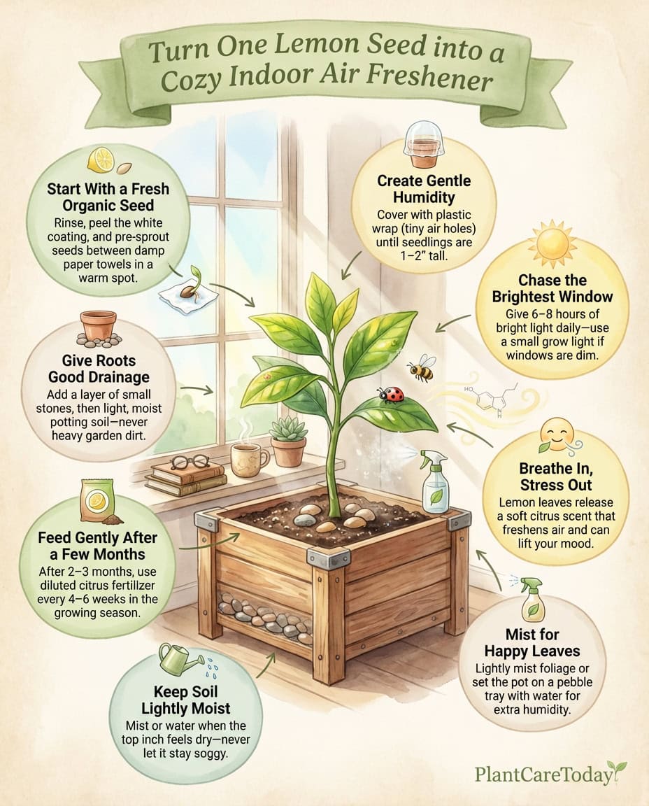 Infographic showing lemon seed planting steps with windowsill growing setup and air-freshening benefits