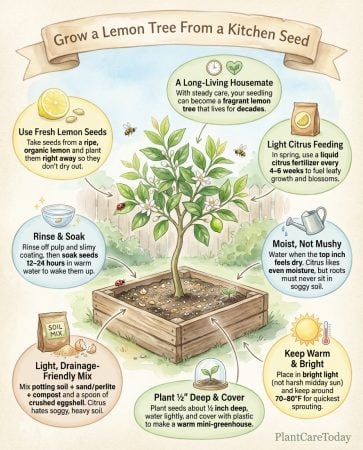Lemon seed germination infographic showing step-by-step indoor citrus tree growing process with timing details