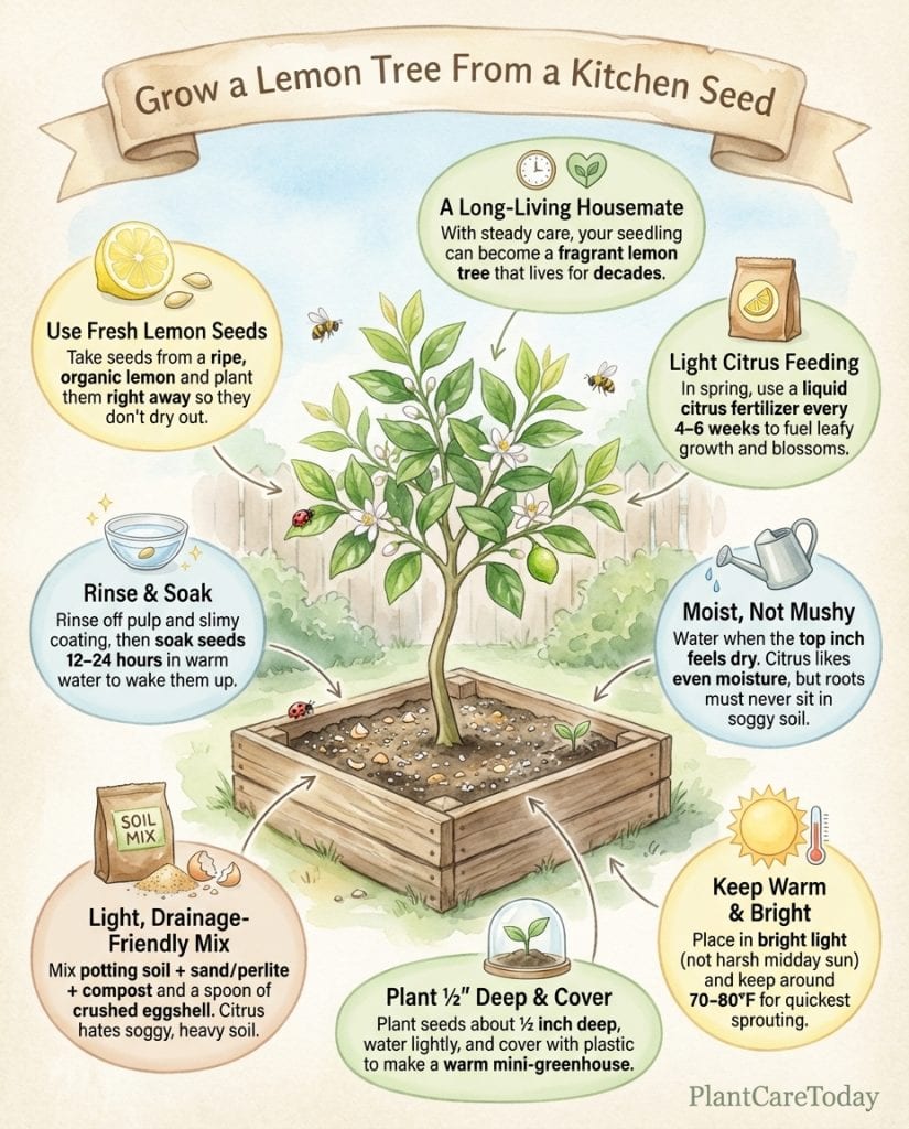 Lemon seed germination infographic showing step-by-step indoor citrus tree growing process with timing details