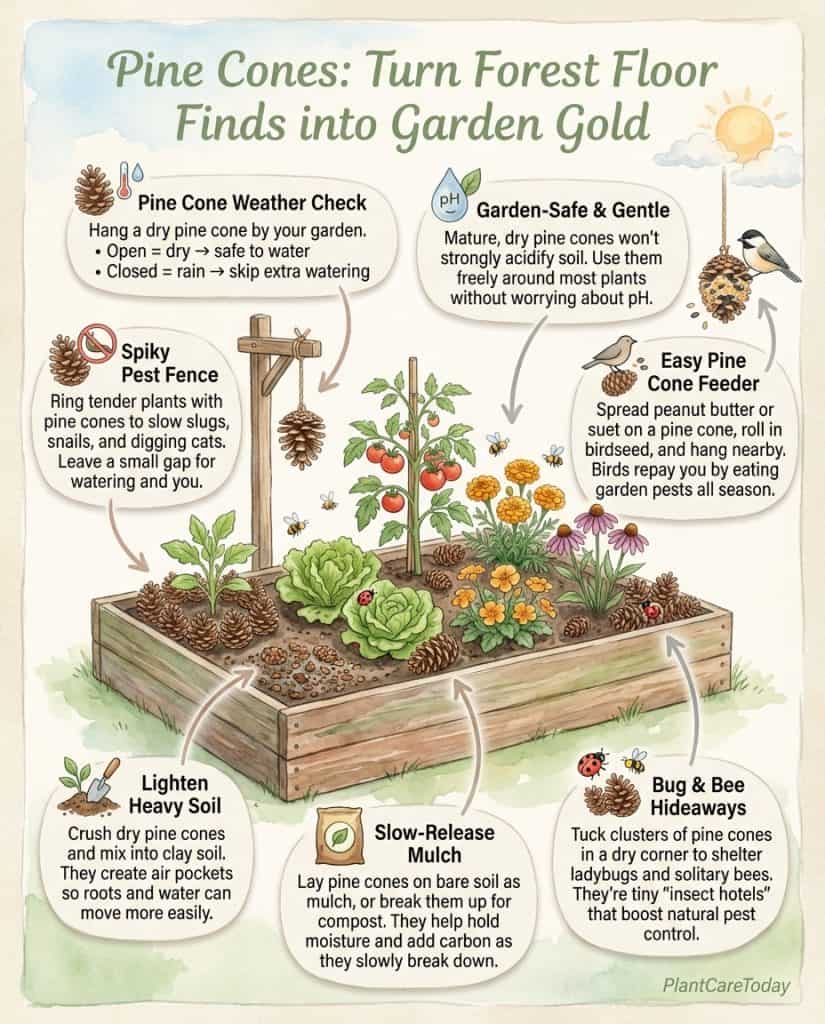 Infographic displaying five pine cone gardening uses with step-by-step application methods