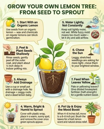 Infographic showing step-by-step lemon seed planting process in a cup with growth stages