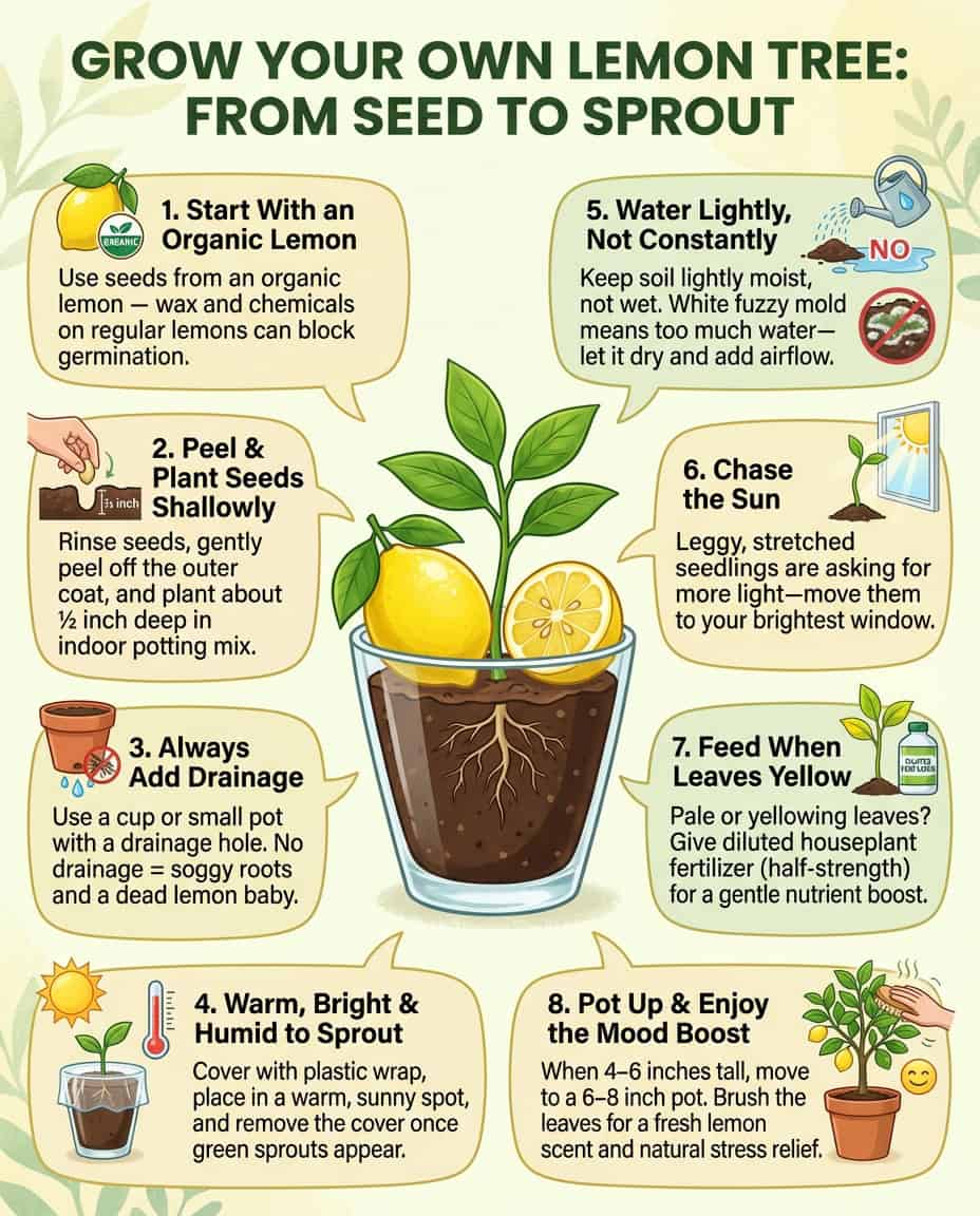 Infographic showing step-by-step lemon seed planting process in a cup with growth stages