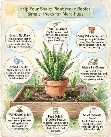 Snake plant propagation infographic showing multiple methods to encourage faster growth and reproduction