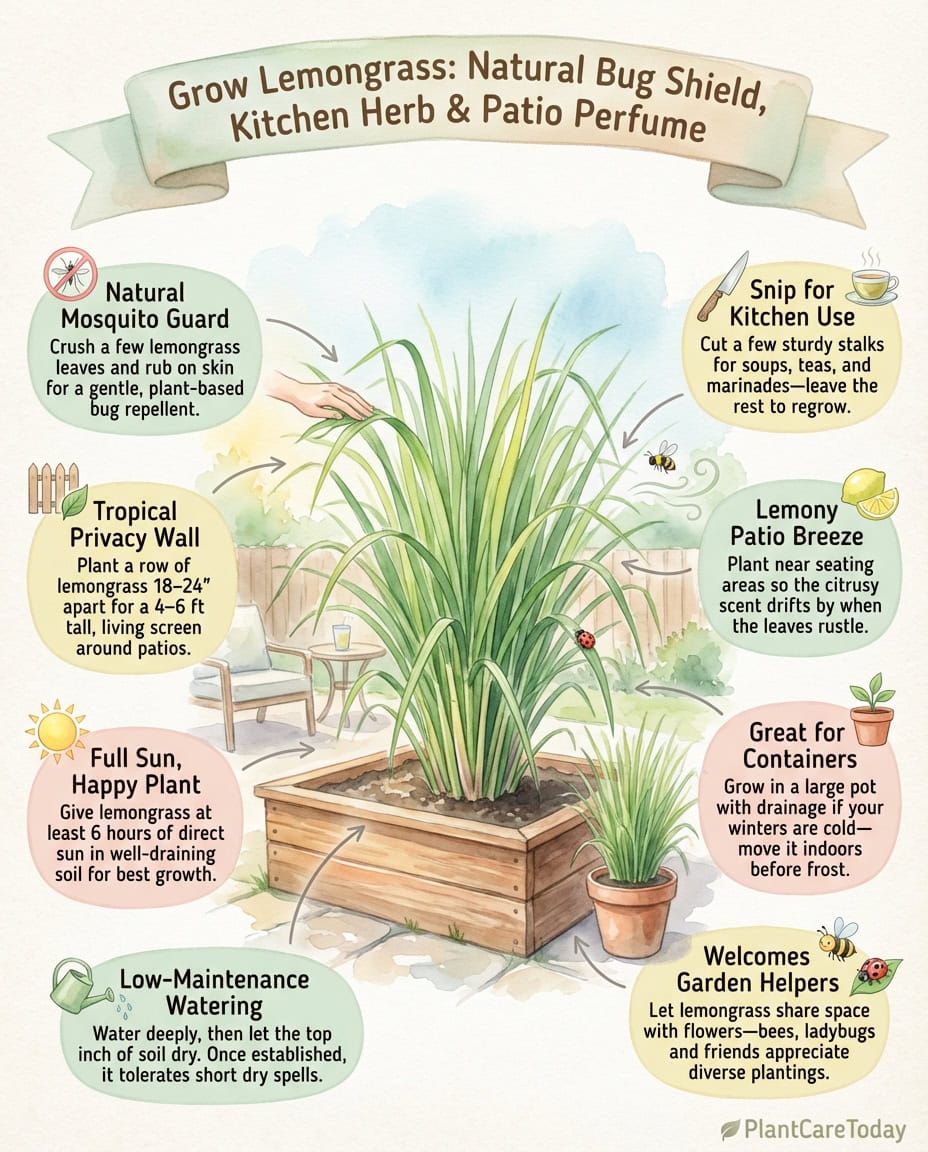 Lemongrass infographic showing planting steps, growth habit, and mosquito-repelling benefits diagram