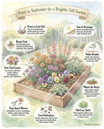 Infographic displaying fall flower planting timeline with root development comparison charts