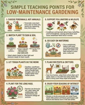 Perennial flower infographic showing lifespan comparison and low-maintenance growing benefits