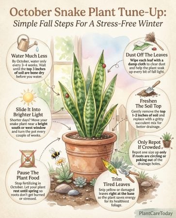 Snake plant care infographic showing seasonal watering adjustments and common autumn damage prevention tips