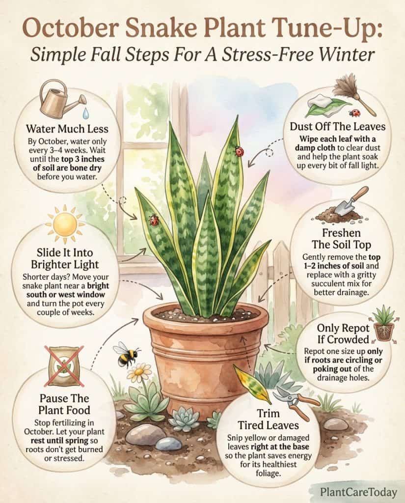 Snake plant care infographic showing seasonal watering adjustments and common autumn damage prevention tips