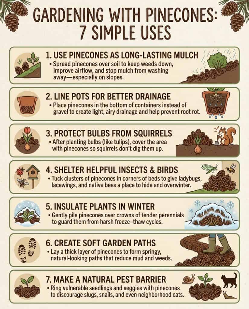 Pinecone gardening uses infographic showing five practical applications in the garden with illustrated examples