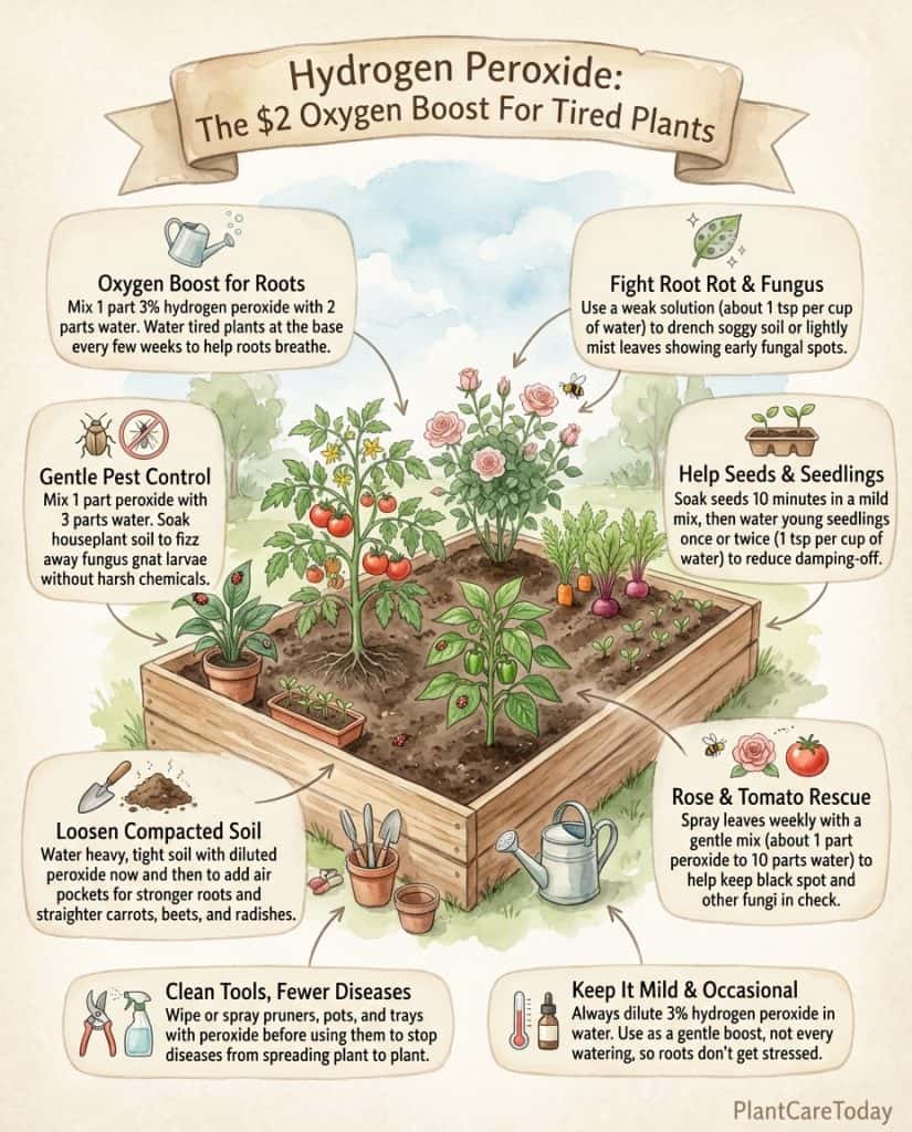 Hydrogen peroxide plant care infographic showing dilution ratios and application methods for various issues