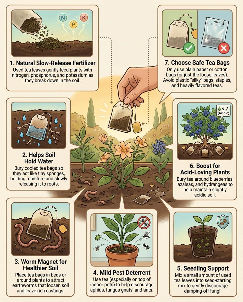 Infographic showing tea bag composting methods for houseplants and garden beds with nutrient breakdown