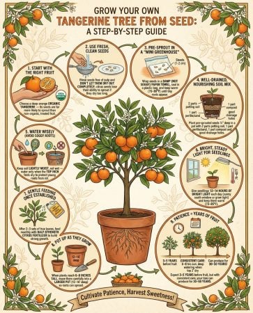 Citrus seed sprouting infographic showing step-by-step process from grocery store seeds to fruit-bearing tree