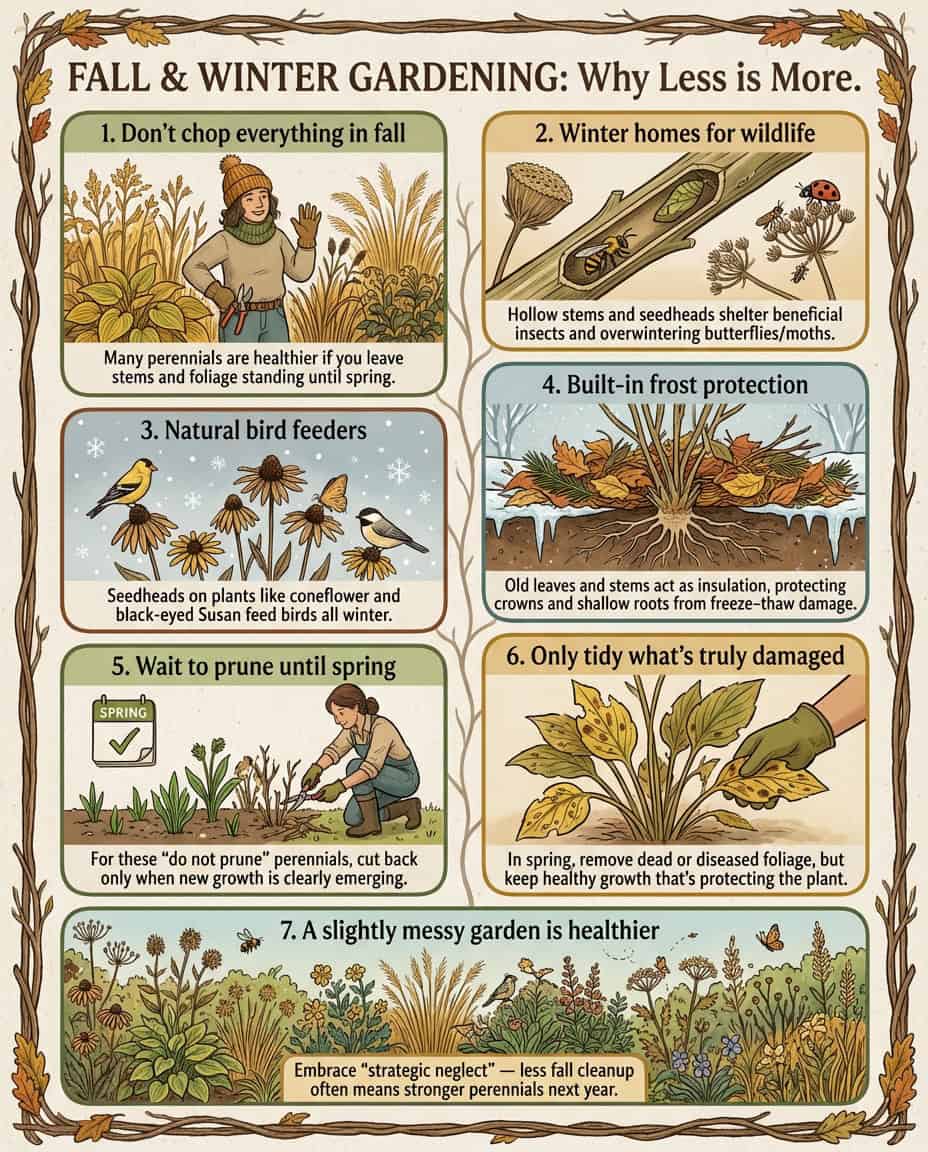 Infographic showing 15 perennials that should not be cut back in fall with plant images