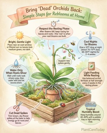 Orchid reblooming infographic showing nighttime temperature drop method with care steps visual