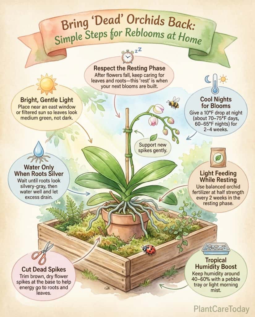 Orchid reblooming infographic showing nighttime temperature drop method with care steps visual