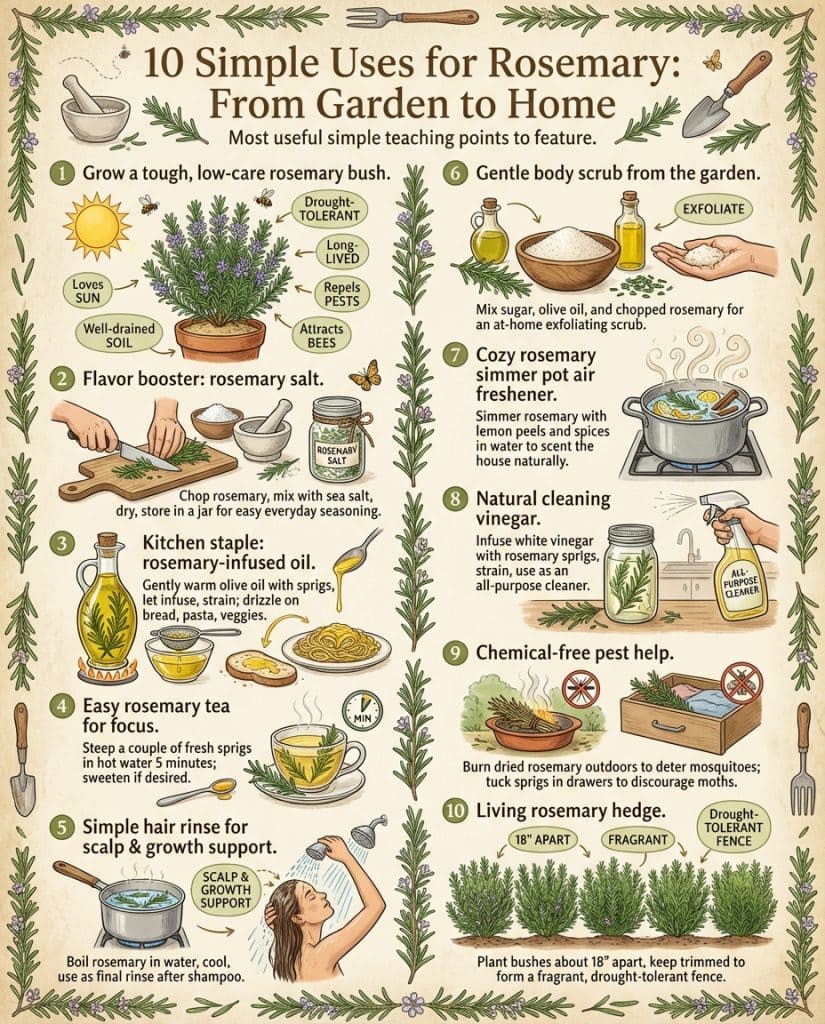 Infographic displaying multiple rosemary uses beyond cooking with illustrated applications and methods