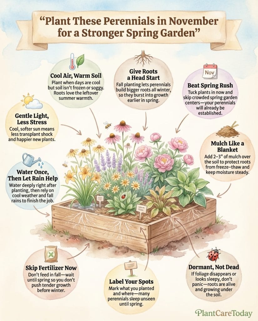 Infographic showing November perennial planting benefits with root system comparison diagrams