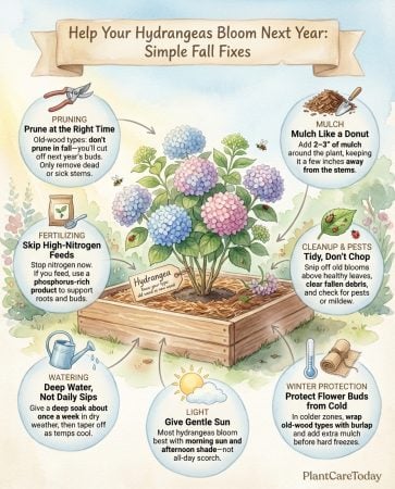 Hydrangea pruning infographic showing bloom bud locations and timing for different varieties