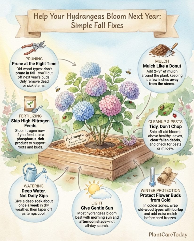 Hydrangea pruning infographic showing bloom bud locations and timing for different varieties