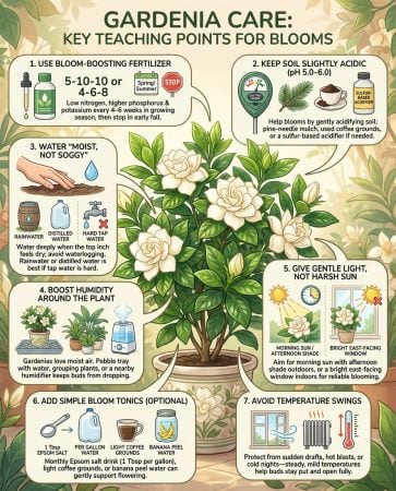Gardenia care infographic showing soil pH testing process and correction steps with visual indicators