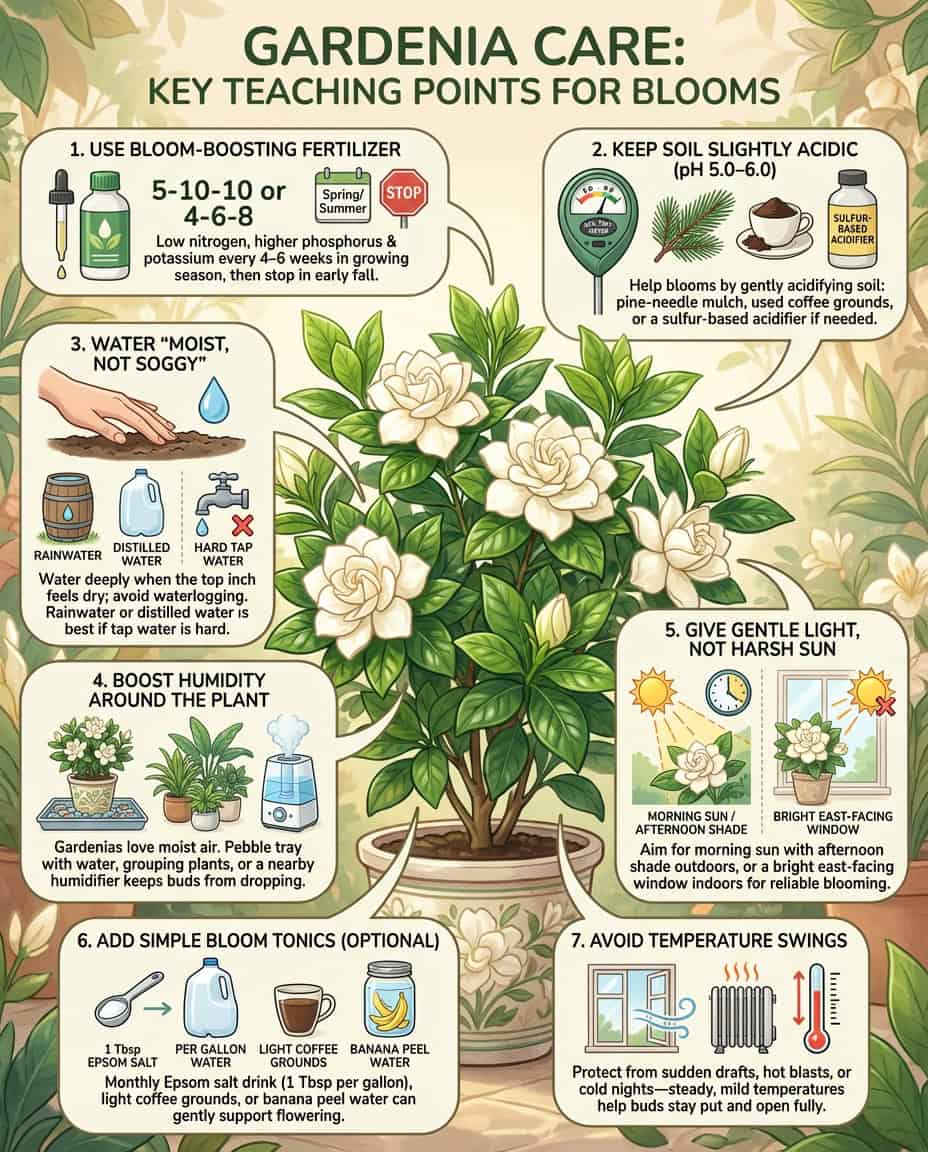 Gardenia care infographic showing soil pH testing process and correction steps with visual indicators