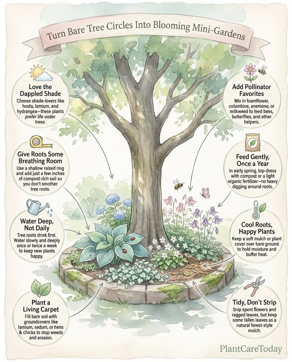 Infographic displaying shade-tolerant plants for growing under trees with planting layout diagram