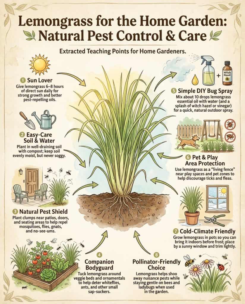 Lemongrass infographic showing pest-repelling properties and growing instructions with plant illustrations