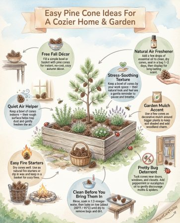 Infographic showing five practical uses for pine cones with illustrated examples and preparation steps